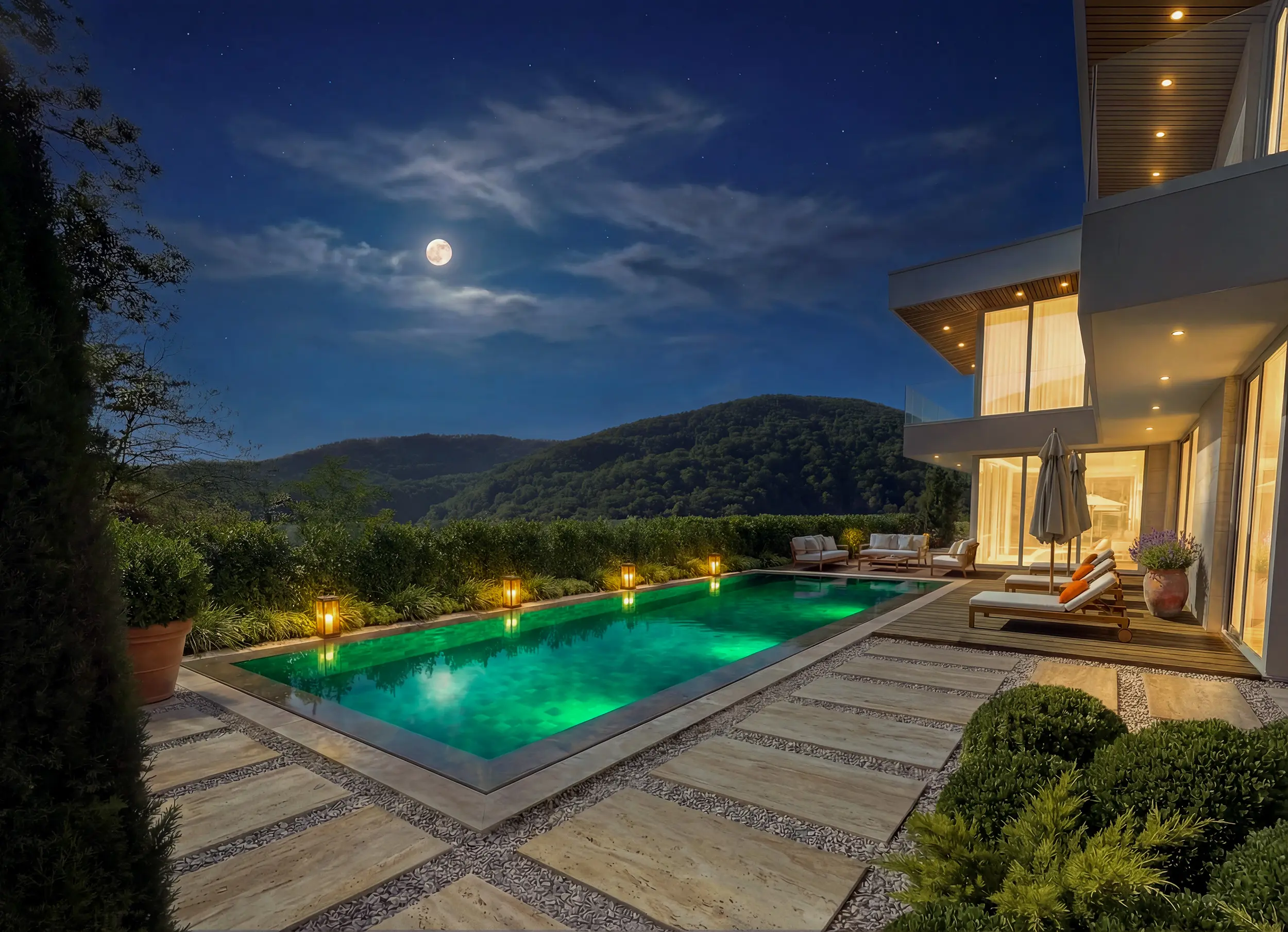 Ночной вид виллы с подсветкой бассейна